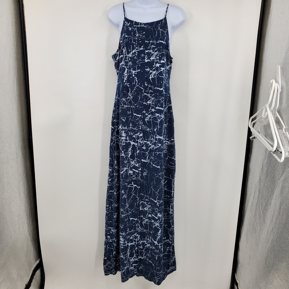 Betro Simone Navy White Marble Print Maxi Dress Large Sleeveless Slit Boho Artsy